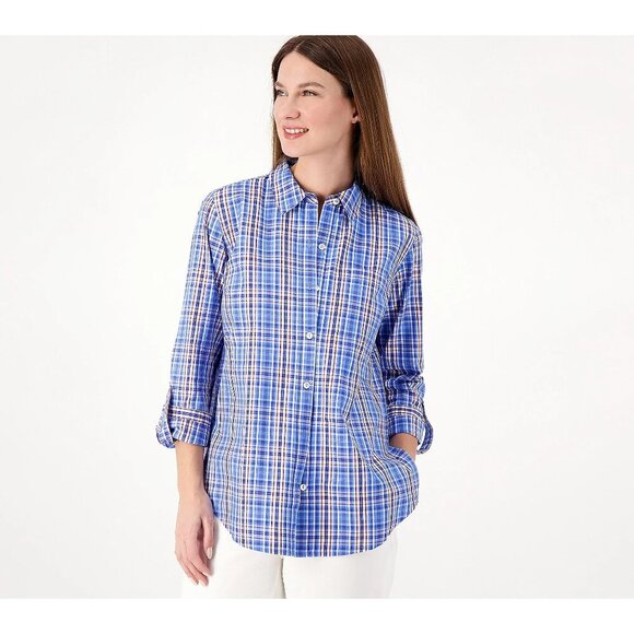 Susan Graver Blue/Lilac Weekend Petite Yarn-Dyed Plaid Button-Front Shirt Size M - Picture 1 of 6